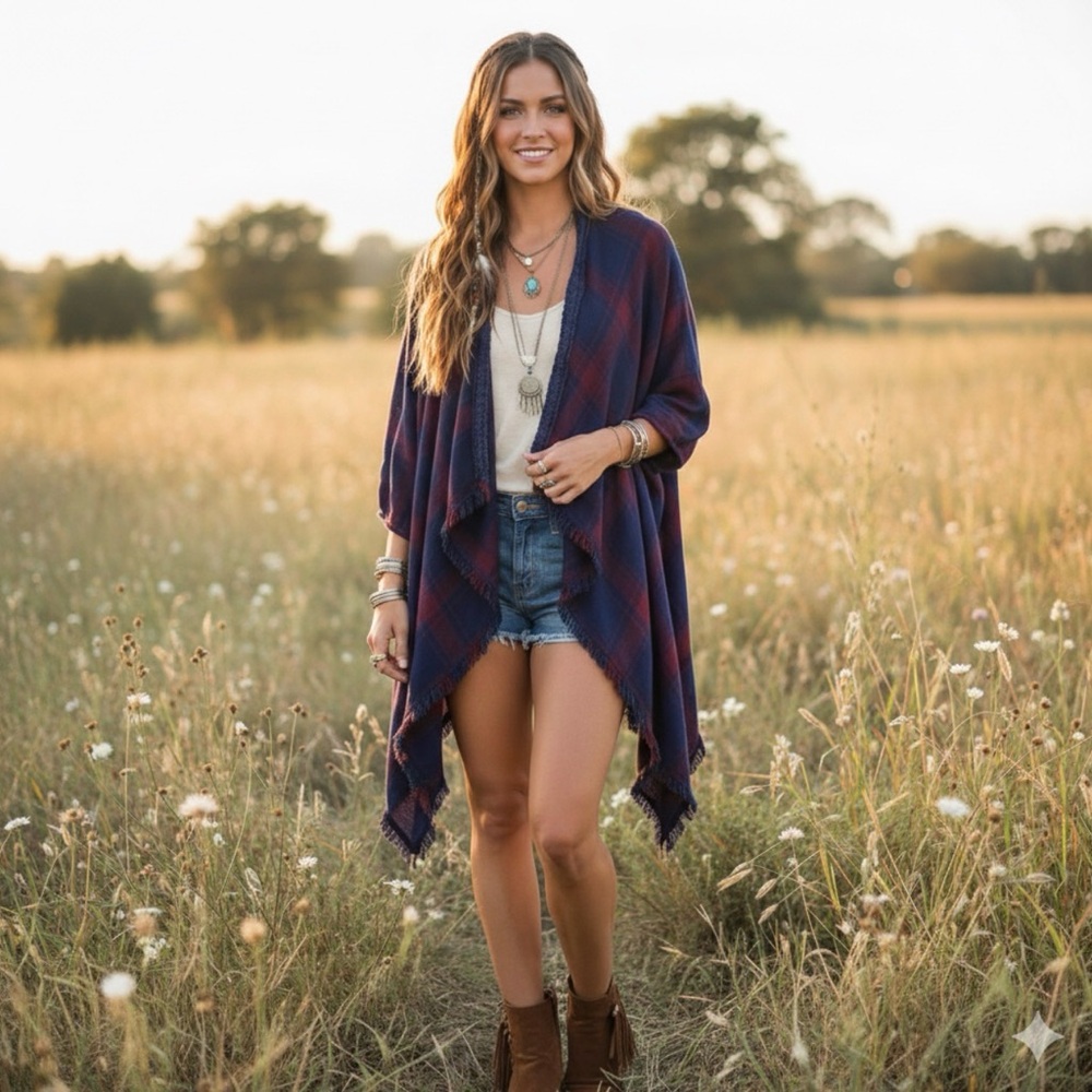 Knox Rose Cardigan Duster Fringe Crochet XXL Navy Burgundy Festival Cottagecore